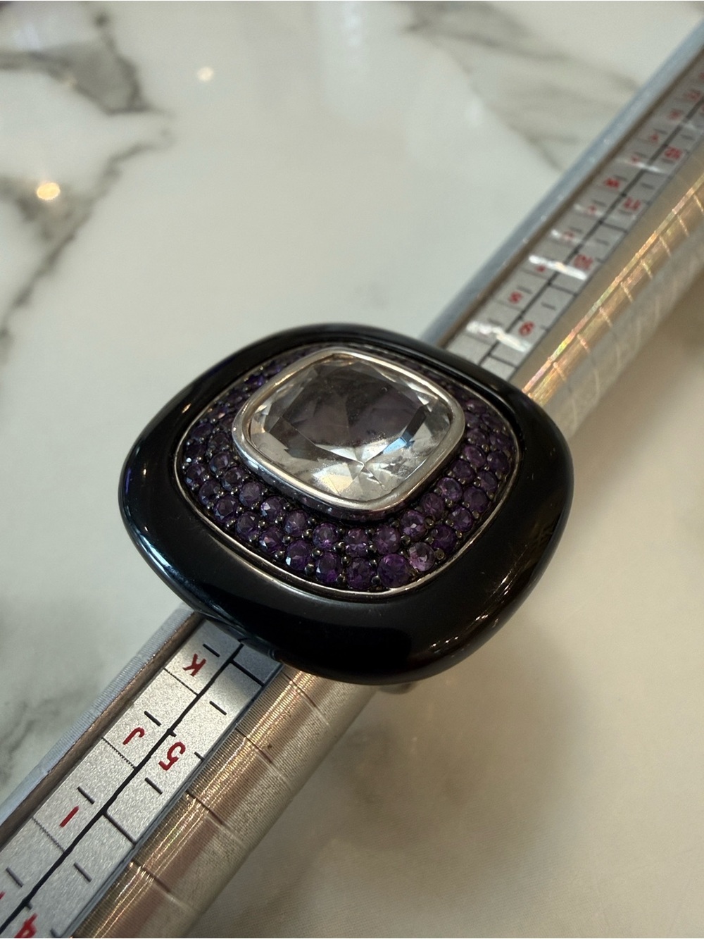 Carol Brodie silver, onyx, quartz, and amethyst ring, size 7